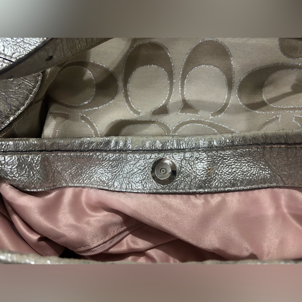 Coach Signature Metallic Silver Hobo Shoulder Bag Purse B1225-15731 Pink Lining - Picture 14 of 14